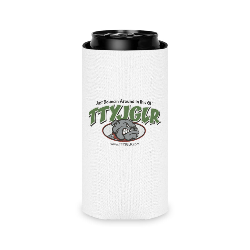 TTYJGLR Green Bulldog Can Cooler - "Just Bouncin Around in this Ol' TTYJGLR" Drink Koozie
