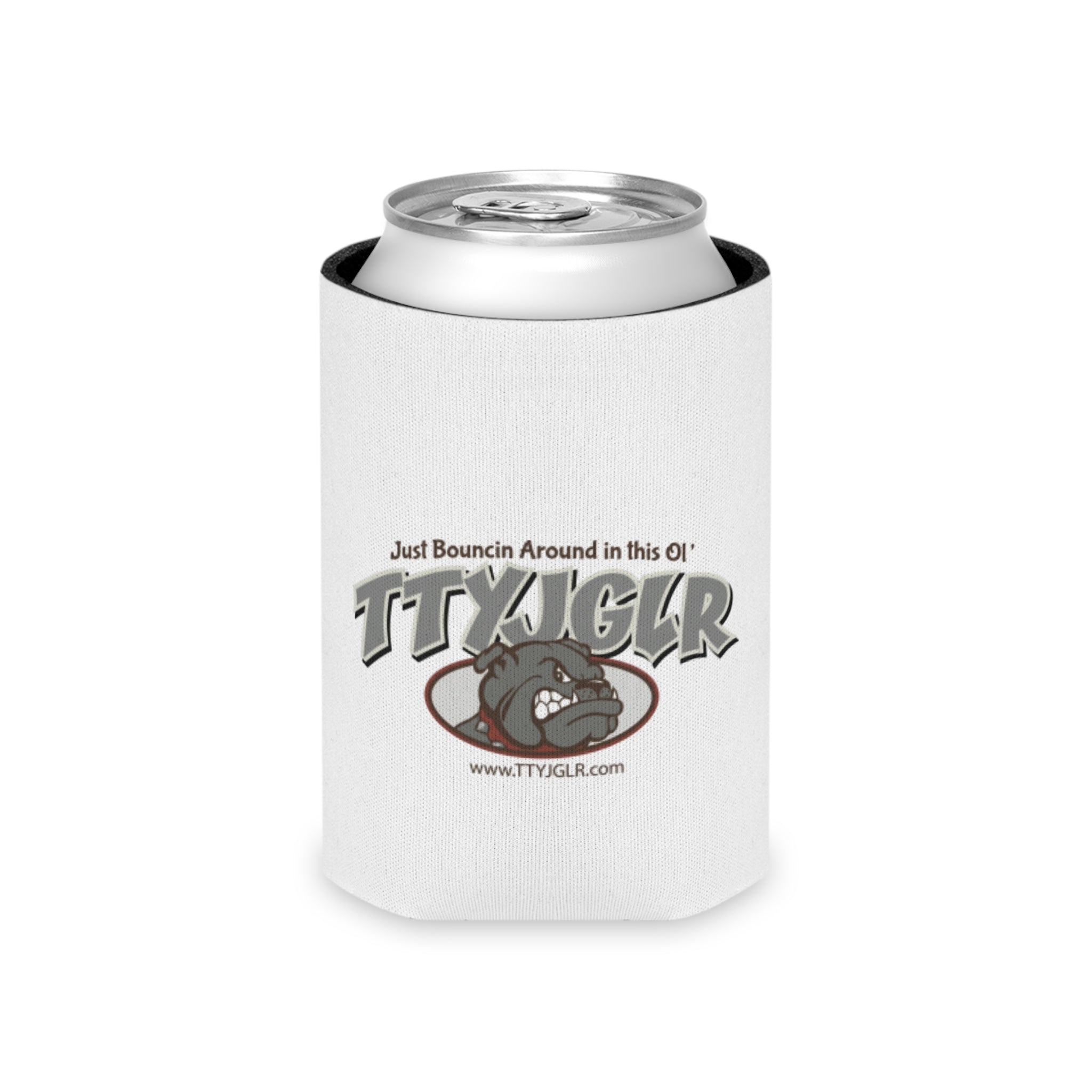 TTYJGLR Grey Bulldog Can Cooler – "Just Bouncin Around in this Ol TTYJGLR'" Drink Koozie