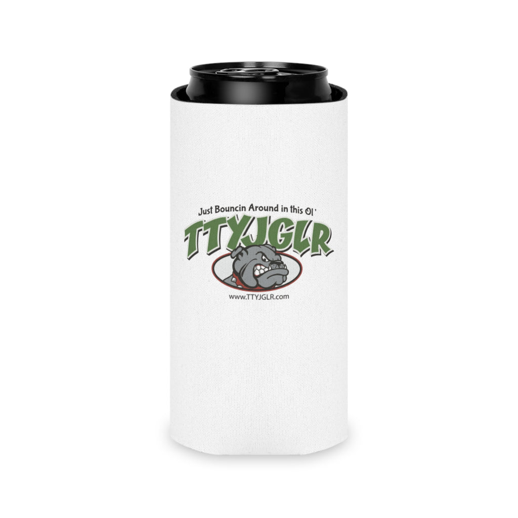 TTYJGLR Green Bulldog Can Cooler - "Just Bouncin Around in this Ol' TTYJGLR" Drink Koozie